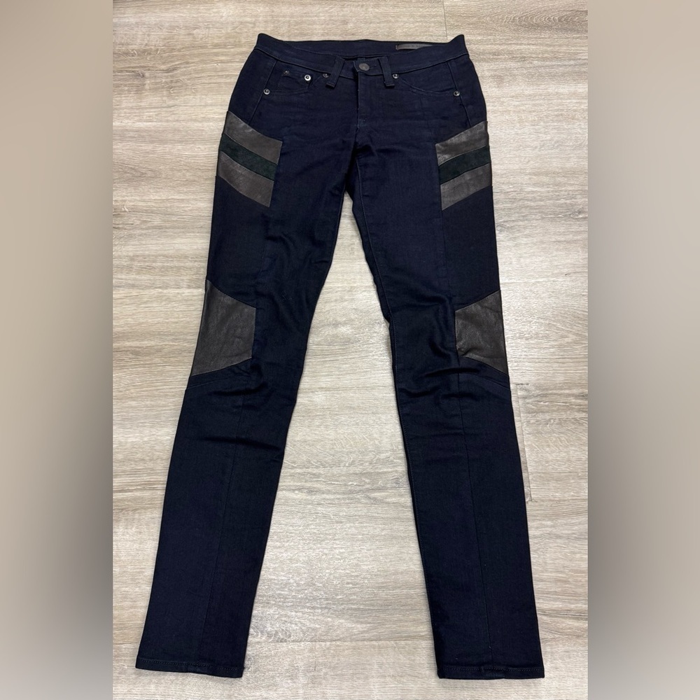 Rag & Bone Halifax Leather Panel Motocross Jeans in a midnight wash size 25